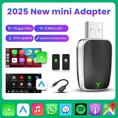 2026新款无线CarPlay和Android Auto适配器，即插即用CarPlay转换器，即时自动连接，无延迟，设计小巧，兼容和安卓设备，配备USB/USB-C接口，支持无线Android Auto，升级车载音响，现代汽车配件，提供高品质音频，无需电池