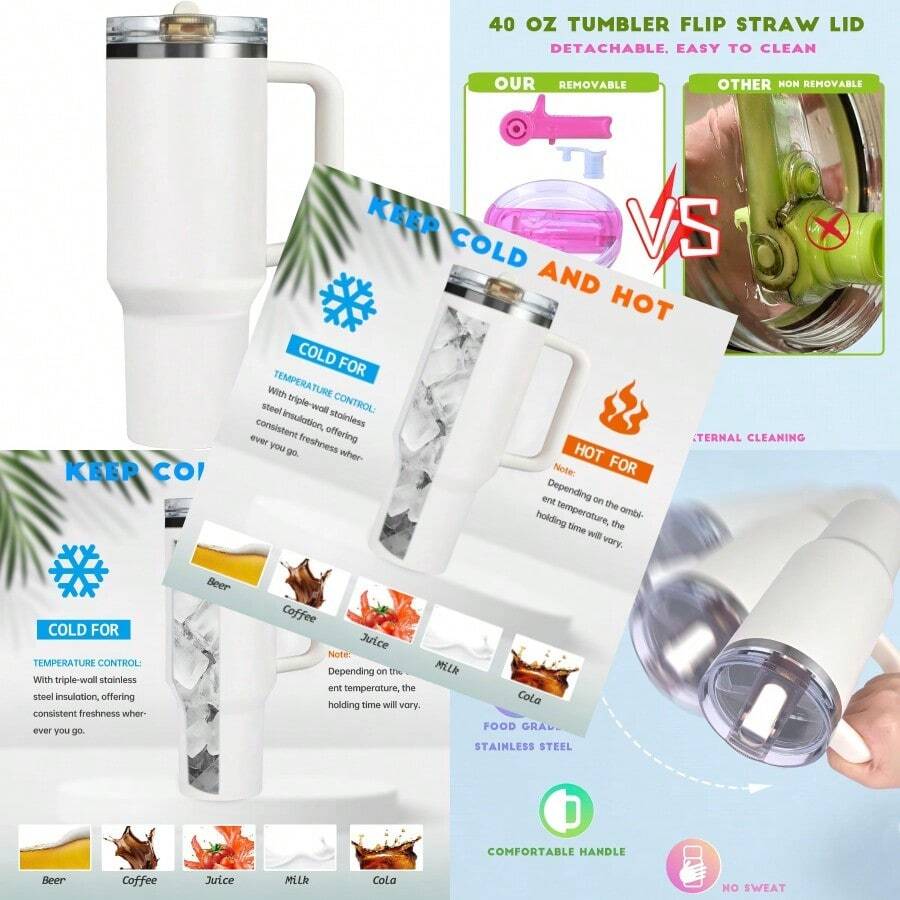 40 Oz Tumbler With Handle Quenchers ProTour Detachable Flip Straw Lid TumblerVacuum Insulated Tumblers With Top Leak Proof Lids And Flip Straw Reusable Insulated Cup Cream White 40 Oz - 杏色 - 查看 1