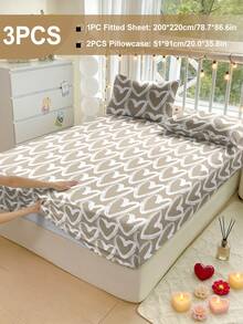蓬松柔软2/3件套床笠套装，包含床笠、床垫保护套，防皱透气，深口袋设计，抗起球，弹力十足，静音防滑，适用于各种尺寸的床，家居宿舍卧室装饰，可机洗，亲肤舒适，四季皆宜，易于打理，现代简约风格，心形印花 - 彩色 - 查看 13