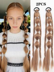 2 Pcs 18-Inch Handmade Fishbone Braid Ponytail With Elastic Bands, Suitable For Women - Multicolor - View 17