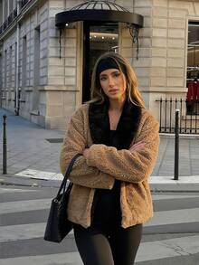 معطف فرو الدب البني الفاخر للنساء، معطف أنيق ذو ياقة من الفرو الاصطناعي الأسود، إطلالة أنيقة لحفلات الكرنفال والخروج الليلي، ملابس خارجية فرو أنيقة - بني - مشاهدة 5