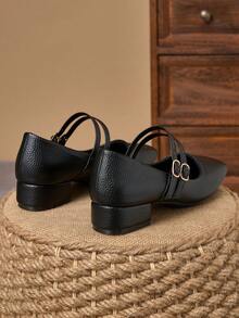 MonaNise 女士3厘米布面包跟黑色时尚百搭玛丽珍低跟粗跟优雅鞋 - 黑色 - 查看 6