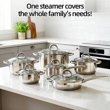 带玻璃盖的高品质不锈钢厨具套装，包括煎锅、不粘煎锅、炒锅、平底锅、炖锅和双耳汤锅。耐腐蚀，厨房必备配件。适用于电磁炉、燃气灶和电炉。 - 銀 - 查看 2