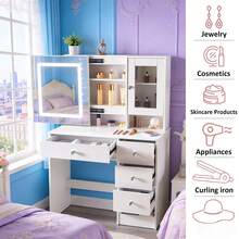 Dressing Table With 5 Drawers LED Mirror Set Makeup Desk Vanity Table Bedroom - White - View 5