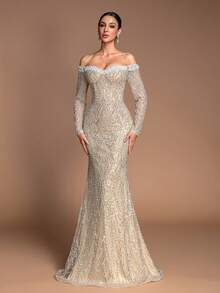 Elegant Women's Sparkling Beaded Off-Shoulder Mermaid Long Sleeve Dress, Fitted Long Shoulder-Revealing Gown With Pearl Embellishment, High-End Evening Gown For Wedding, Business, Party - 香檳色 - 查看 5
