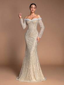 Elegant Women's Sparkling Beaded Off-Shoulder Mermaid Long Sleeve Dress, Fitted Long Shoulder-Revealing Gown With Pearl Embellishment, High-End Evening Gown For Wedding, Business, Party - 香檳色 - 查看 6