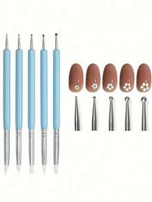 5pcs Nail Art Tool Kit, Includes Double-Ended Dotting Pen, Silicone Carving Pen, 5 Sets Of Nail Art Tools For Dotting And Carving - Baby Blue - View 7