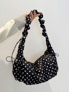 1pc Nylon Fabric Multi-Pocket Dumpling Bag, Korean Style Polka Dot Shoulder Bag, Women's Casual Pleated Drawstring Crossbody Bag, Soft & Slouchy Versatile Japanese Hobo Bag - Black - View 8
