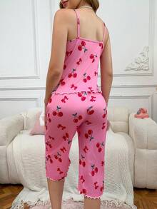 两件套女士休闲性感樱桃印花荷叶边吊带背心和蝴蝶结装饰七分裤睡衣套装 - 粉色 - 查看 2