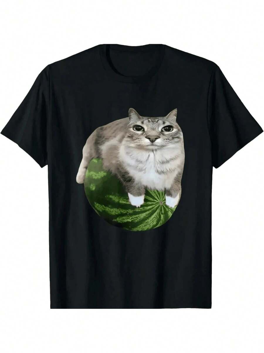 Cute Meme Watermelon Cat T-Shirt Unisex Men's Women's 100% Cotton Premium Top Streetwear New Release Immediate Shipping Various Colors!! Plus Size - 黑色 - 查看 1