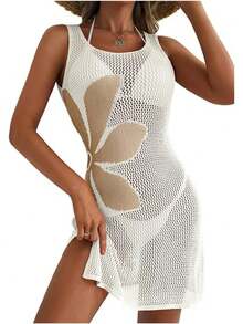 2026 Women's Hollow Out Summer Swimsuit Cover Up Crochet Beach Floral Slit Bikini Sleeveless Dresses - 白色 - 查看 1