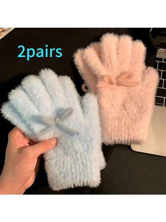 1 Pair Women's Warm & Soft Winter Gloves - Fingerless Gloves, Suitable For Touchscreen Devices, With Soft Pink/Blue Fleece Cuffs, Ideal For Using Smartphones In Cold Weather And Daily Wear, Perfect Gift For Valentine's Day.