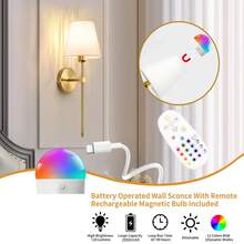 无线电池供电壁灯，金色可充电可调光壁灯，带可拆卸灯泡和遥控器，15种颜色可选，适用于卧室、客厅、走廊 - 1Pack - 查看 6
