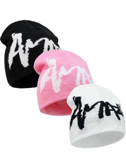 1pc/2pcs/3pcs Letter Knit Hat, Jacquard Knit Hat, Fashion Street Riding Gift, Great Choice For Men And Women, Acrylic Knit Hat, All Seasons