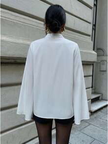 白色披肩袖纽扣衬衫 | 宽松版型上衣，适合办公室和早午餐场合 - 白色 - 查看 3