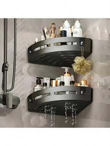 Kệ treo tường màu đen cho phòng tắm, giỏ đựng đồ bằng nhựa có lỗ thoát nước, giá đựng đồ đa năng cho phòng tắm và nhà bếp, dùng để đựng dầu gội, xà phòng, mỹ phẩm và đồ dùng nhà bếp, thiết kế tự dính không cần khoan. - Nhiều màu - Xem 2