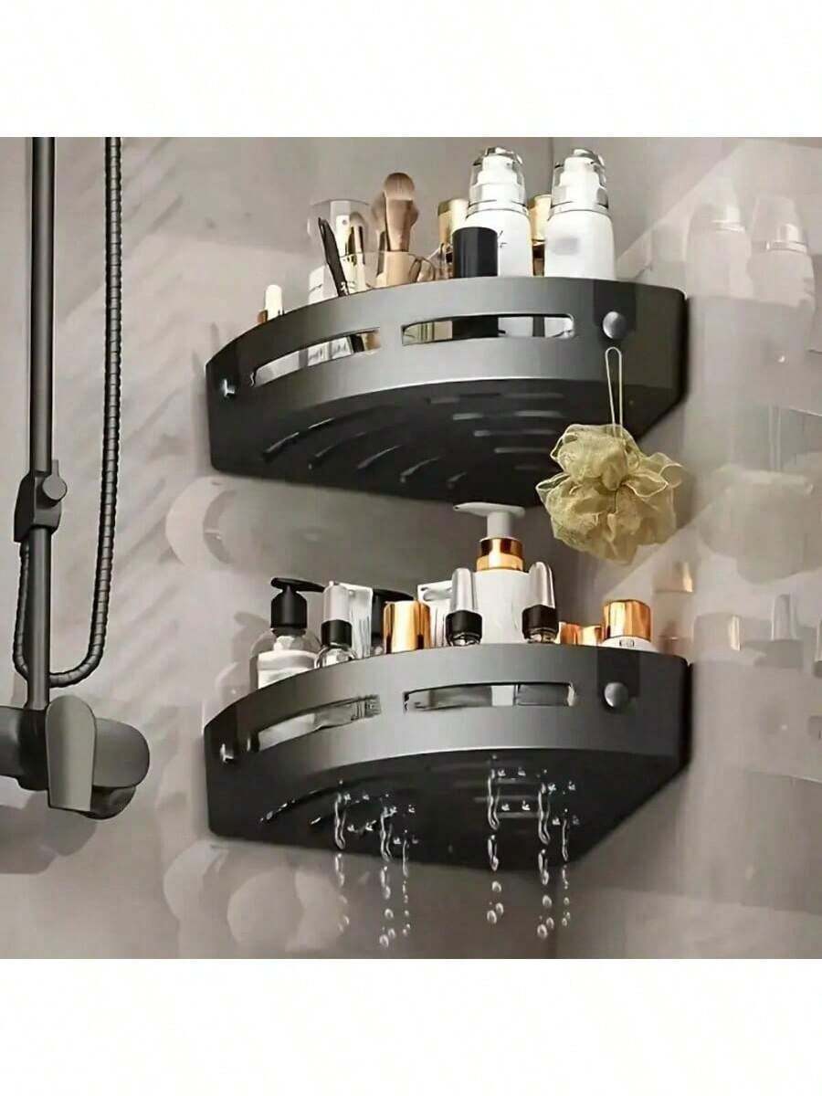 Kệ treo tường màu đen cho phòng tắm, giỏ đựng đồ bằng nhựa có lỗ thoát nước, giá đựng đồ đa năng cho phòng tắm và nhà bếp, dùng để đựng dầu gội, xà phòng, mỹ phẩm và đồ dùng nhà bếp, thiết kế tự dính không cần khoan.