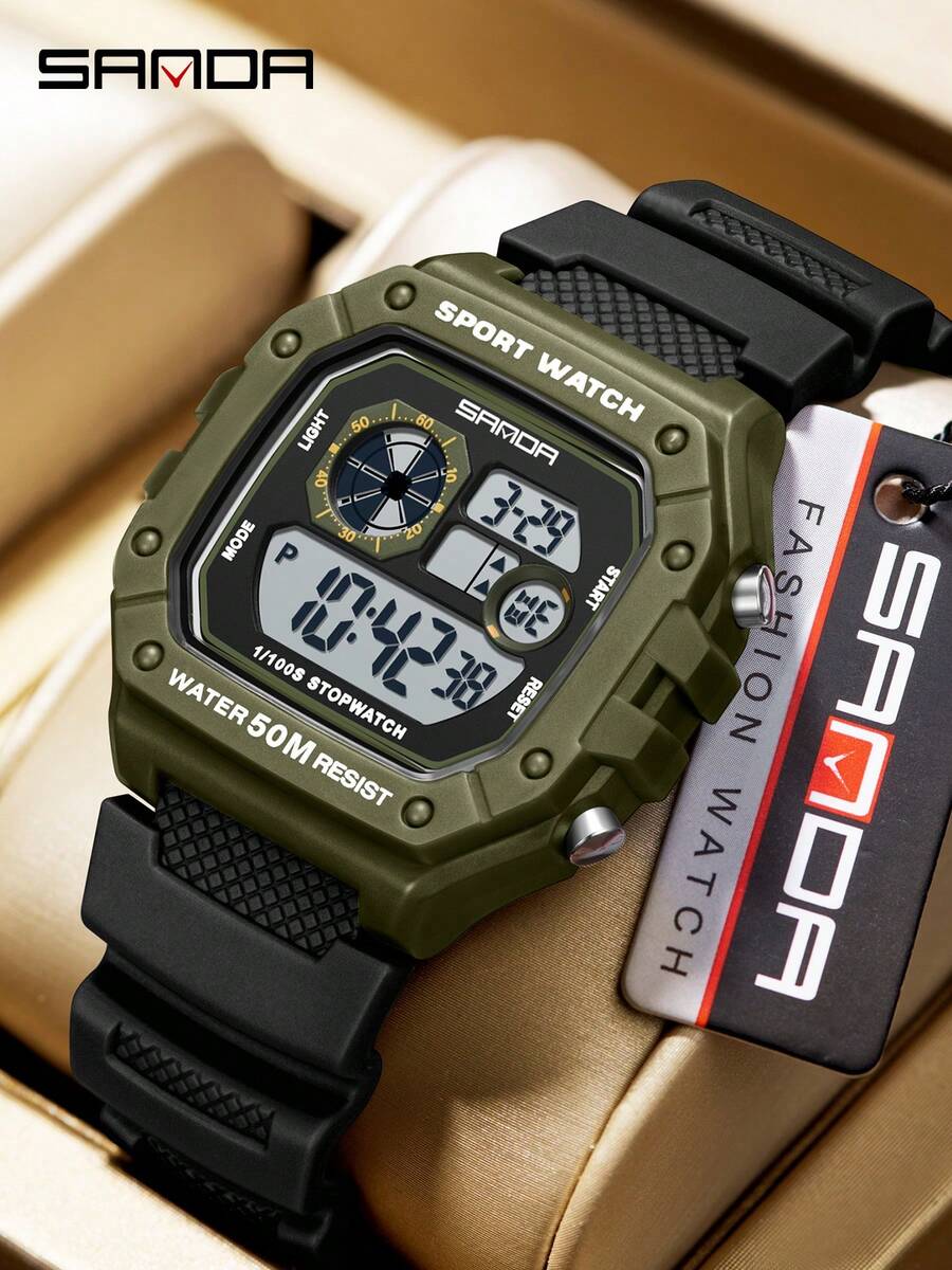 SANDA 2202 Fashion Men's Electronic Watch Sports Multifunctional Waterproof LED Luminous Single Display Small Square Electronic Watch - màu xanh lá - Xem 1