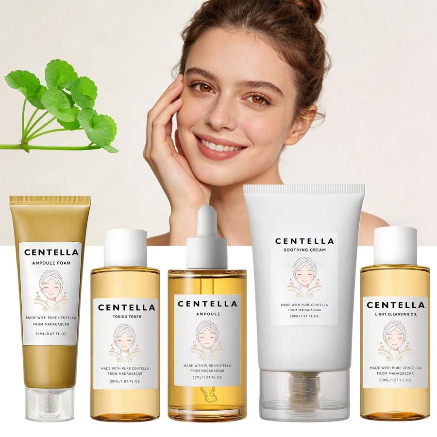 马达加斯加积雪草护肤套装，包含泡沫洁面乳、卸妆油、爽肤水、精华液和舒缓霜，基础护肤礼盒，女士礼品套装