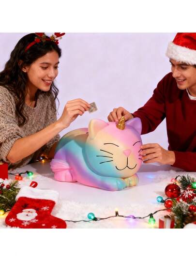 1 st kattspargris - vit bas med regnbågsfärger, söt sparburk, mynt- och sedelsamlare, dekorativ (sjöjungfru, enhörning, kattdesign) - nyhet och kreativ, lämplig för jul-/nyårspresenter