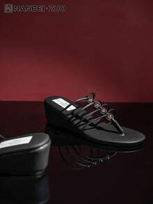 女士串珠编织人字拖凉鞋，黑色绑带坡跟，夏季新款时尚百搭罗马凉鞋，休闲海滩度假风 - 黑色 - 查看 5