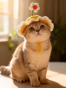 Handmade Knitted Pet Hat With Flower Decor, Soft & Warm, Fashionable & Cute, Suitable For Small Dogs & Cats, Ideal Gift For Pet Lovers As Pet Accessory, Pet Clothing, Photography Prop - Multicolor - View 2