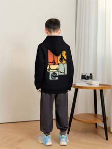 1pc Tween Boy Casual Printed Pullover Sweatshirt, Thermal Lined, Long Sleeve, Autumn/Winter - Navy Blue - View 2