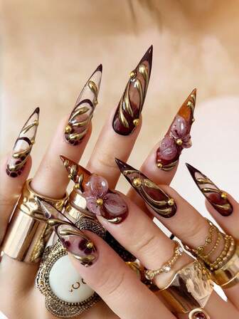 24Pcs Gold Chrome Embossed Acrylic Stiletto Press-On Nail Set – Gothic Brown Design With Leopard Print/Pink Floral/Gold Bead Accents, For Women & Nail Enthusiasts, Ideal For Daily Wear, Holiday Parties & Nail Salon Supplies, Perfect Gift For Nail Lovers