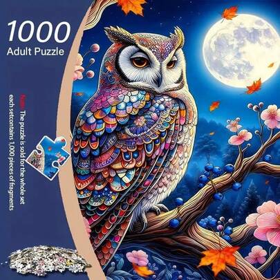 1000片大型拼图，猫头鹰栖息在弯月枝头，色彩鲜艳，适合成人和青少年，DIY减压益智游戏，家庭互动娱乐拼图，无框家居/办公室装饰，生日、节日派对、新年理想礼物