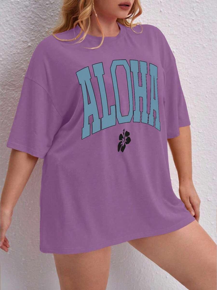 Oversized Printed Aloha Flower T-Shirt, Summer/Spring Short Sleeve Blouse, Lightweight Gym Wear - Lila - Ver 1