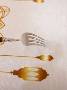 1pc Bohemian Beige Rectangular Tablecloth With Gold Moon, Geometric Patterns, Stars & Lantern Prints, Beige Tassel Decor, Washable, For Dining Table, Coffee Table, Round Table, Home Decor, Suitable For Family Kitchen, Dining Room, Party, Dinner, Arabic Style Holiday Decoration, Gift - Beige - View 2