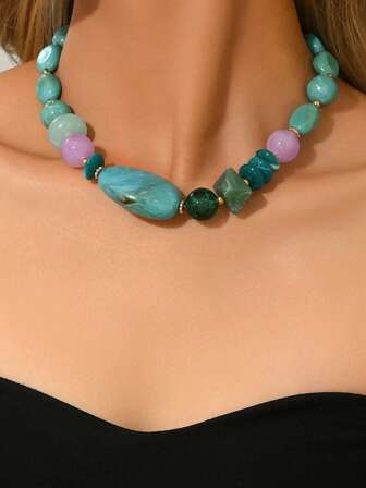 1pc Fashionable & Elegant Multicolor Geometric Resin Fish, Antique Silver Medusa Tag, Faux Jade Snakeskin, Amber Resin, Faux Turquoise, Maillard Style Women Jewelry Necklace, Suitable For Elegant Ladies To Match Any Outfit For Holiday, Party, Evening Gown