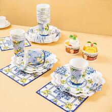 White Base Blue & White Floral And Lemon Happy Birthday Disposable Plate, Napkin, Cup, Tablecloth And Banner Set, Party Supplies Set Suitable For 16 Guests, Disposable Paper Plates For Birthday, Wedding, Theme Party, Family Picnic - Multicolor - View 4