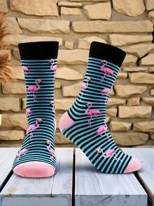 1 Pair Men's Mid-Calf Socks With Flamingo Pattern, Men's Striped Flamingo Casual Socks, Fall - Multicolor - View 4
