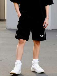 两件套青少年男童夏季短袖T恤和短裤，时尚经典黑白条纹印花，宽松版型，街头风，休闲户外、运动、日常穿着 - 黑色 - 查看 5