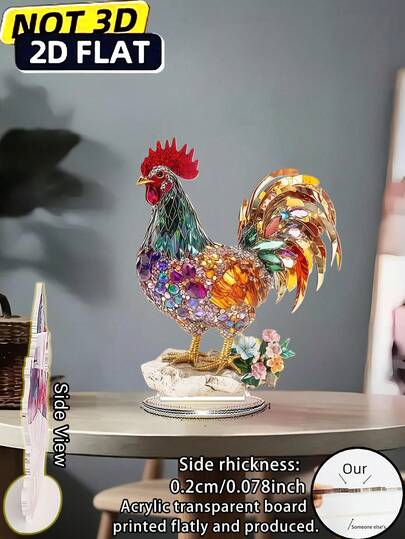 2D Flat, 1pc Bohemian Style 2D Acrylic Rooster Statue With Colorful Crystal Decor Wings And Floral Base - Vibrant Red And Wattle With Glass-Like Clarity - Elegant Tabletop Decor For Home, Office, Valentine's Day & Anniversary Gifts - Lightweight Poultry Sculpture (No Electricity Required) - Suitable For Farmhouse, Boho-Modern Interiors - Multipurpose Desk Decor With Intricate Feather Pattern, Country Style, Artistic Design, Handcrafted Details