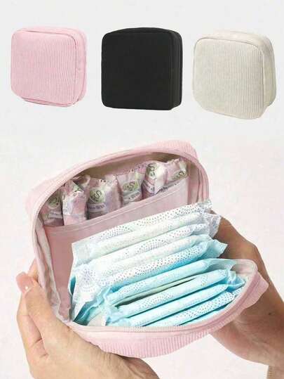 1pc Corduroy Sanitary Napkin Storage Bag - Portable, , With Zipper Closure, Perfect For Travel And Daily Use, Travel Essentials Bag, Large Capacity To Hold Sanitary Napkins, Pads And Tampons