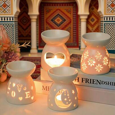 5pcs Ceramic Essential Oil Diffuser, Tea Light Wax Warmer With Candle Spoon, Aromatherapy Oil Candle Holder, Home Bedroom Decor, Housewarming Christmas Gift