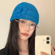 Women's Crochet Cap With Floral Accents, Cute And Sheer, Simple Design For Spring And Summer, Beige - Black - View 3