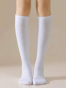 1 Pair Solid Color Knee-High Socks For Teenage Girls, Dance Performance Socks, Polyester Knit Fabric, Simple Versatile Comfortable Casual Socks, Suitable For 9-16 Years Old All Year Round - Multicolor - View 9
