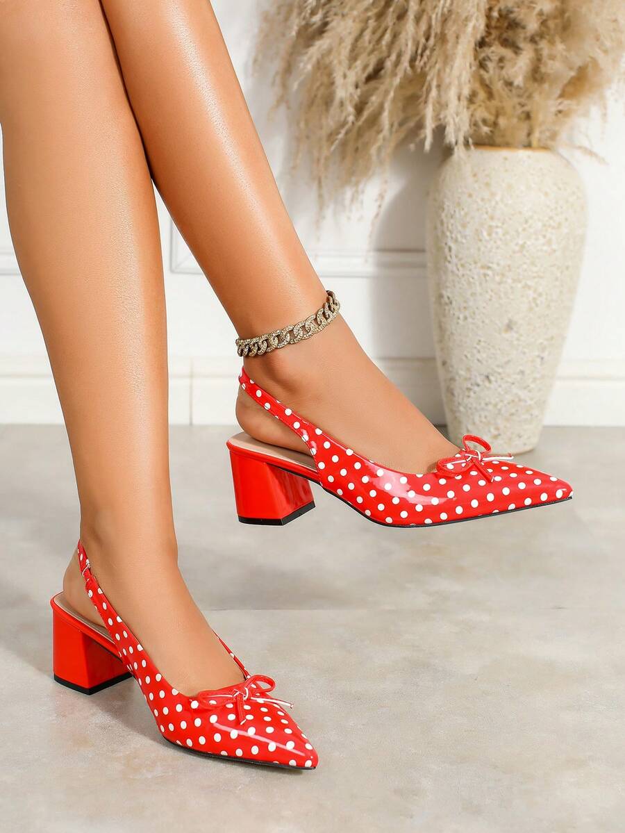 Women's Fashion Versatile Bow Tie Closed Toe Chunky Heel Sandals, Comfortable Non-Slip Breathable Hollow Out Backstrap High Heels - Red - View 1