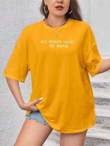 Blusa T Shirt Estampada All Roads Lead To Rome Letras Minimalista Despojada Camiseta Oversized - Amarelo mostarda - Visão 3