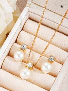 3件套简约日常玻璃珍珠耳钉项链套装，通勤百搭 - 白色 - 查看 6