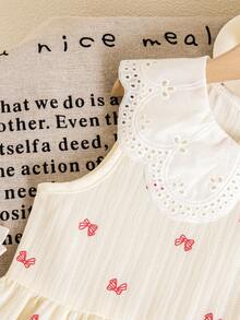 Young Girl' White Bow Collar Set, White Base With Red Bow Print, Elegant Collar Design, Long Sleeve Top + Pants, Suitable For Spring/Autumn School, Family Gatherings, Vacation, Showcasing Sweet And Gentle Girl Vibe. Spring/Summer. - Beige - View 4