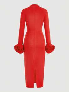 Váy midi họa tiết hoa hồng thanh lịch dành cho nữ, vải dệt kim màu trơn với họa tiết hoa 3D, thích hợp cho những dịp trang trọng, tiệc tùng, sự kiện trang trọng vào mùa thu/đông - Đỏ - Xem 8