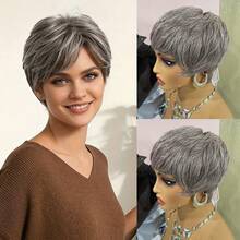 P4/27 高光精灵短发假发，带刘海，6英寸，150%密度，直发造型，适合女性，混合灰白发色，1B层次感直发，巴西原生发，无胶假发，完美适用于音乐节、母亲节、狂欢节、情人节、万圣节、万圣节、圣诞节、角色扮演、春夏秋冬等各种场合。 - 彩色 - 查看 14