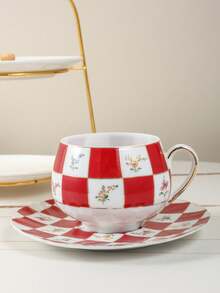 1pc Compact Coffee Cup And Saucer Set, Exquisite Plaid Pattern Couple Cups, Suitable For Home, Club, Cafe, Office - Multicolor - View 4