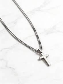 1pc Classic Silver Stainless Steel Cross Pendant Necklace, Party Decoration Accessory, Children's Jewelry Accessory, Religious Accessory - Silver - View 6
