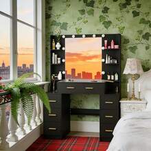 Black Dressing Table With LED Mirror 7 Drawers 8 Shelf Large Vanity Makeup Desk - Black - View 1