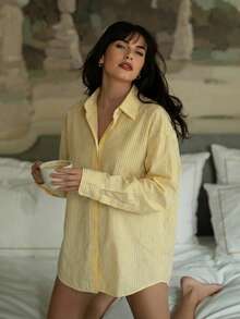 Áo sơ mi nữ tay dài cổ bẻ, chất liệu polyester, cài cúc phía trước, màu vàng sọc, thích hợp mặc hàng ngày. - Màu vàng - Xem 7